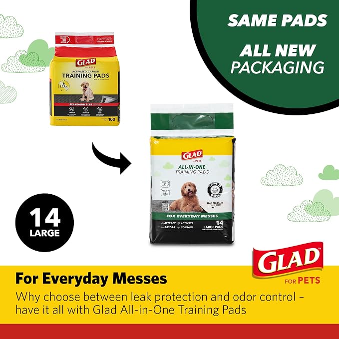 Glad for Pets Black Charcoal Puppy Pads, 23 x 23 Inch, 6-Layer Leak-Resistant Design, Activated Carbon Odor Control, Pheromone Attractant for Potty Training, 14 Count - 2 Pack