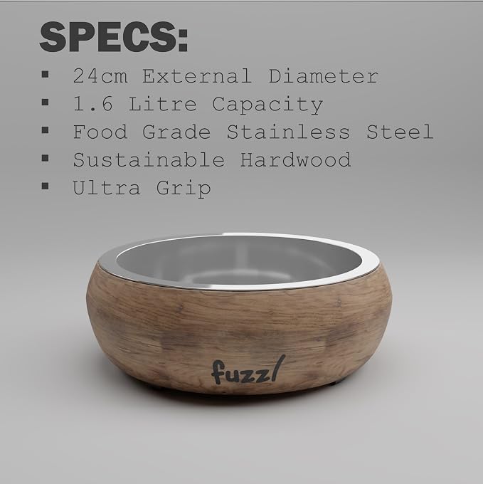 Fuzzl Titan Mango Wood & Stainless Steel Bowl 9.5 Inch Large - Natural Dog Bowl for Indoors and Outdoors with Rubber Base