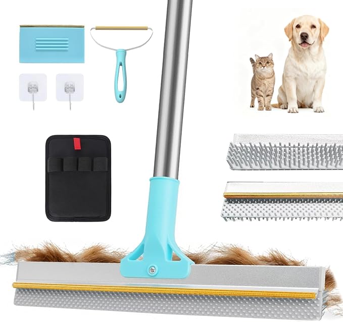 Lazyfeel Pet Hair Remover for Carpet & Upholstery, Adjustable Handle | Double-Sided Rubber Carpet Rake for Dog & Cat Fur. 4-Piece Kit: Rake, Mini Brush, Gap Scraper, Grooming Glove. Reusable.