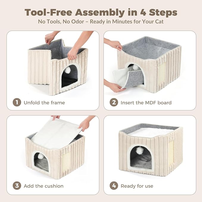 Avont 3-Piece Cardboard Cat Scratcher Set Bundle with Cat House, Foldable Cave Hideaway Bed for Indoor Cats
