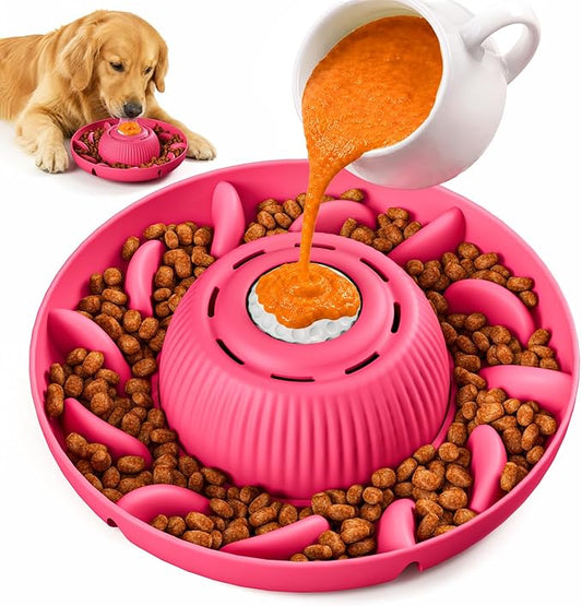 Slow Feeder Dog Bowls 2 in 1 Liquid Treat Dog Lick Mat Bowl – Anti Slip 5‑Cup Large Capacity Liquid and Kibble Food Treat Dispenser for Slowing Down Eating for Large Medium Small Dogs and Cats (Pink)