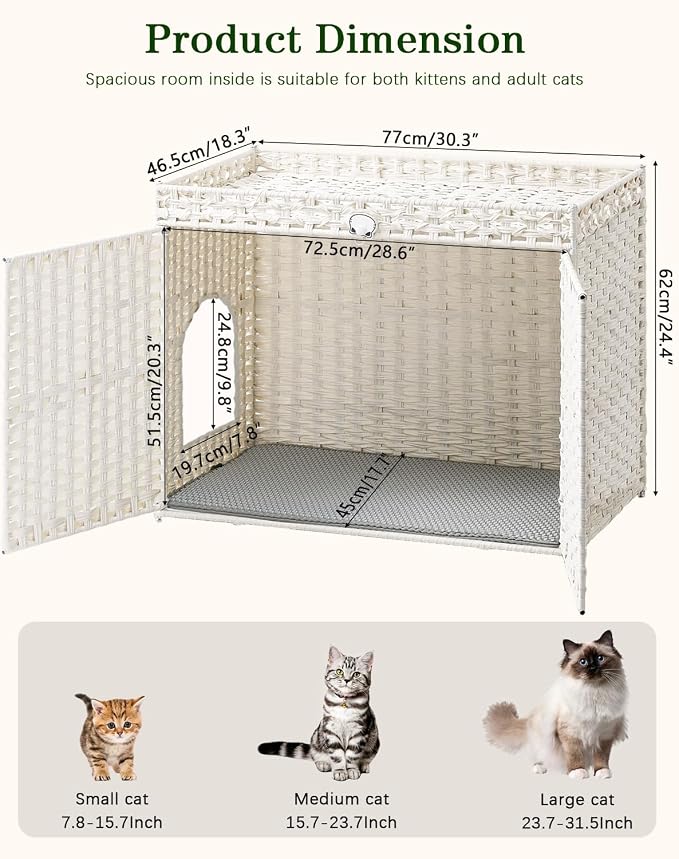 SETVSON Cat Litter Box Enclosure Furniture, Handwoven Rattan Hidden Litter Box with Mat, Large Space Cat House with 2 S-Shaped Hooks 30.3 x 18.3 x 24.4 Inches, Indoor for Living Room Apartment White