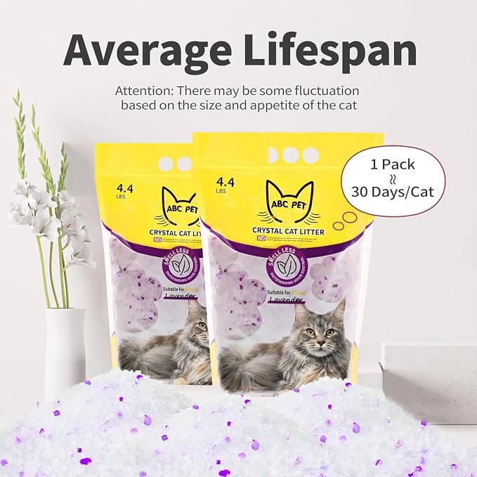 ABCPET Cat Litter Crystals No Clumping Odor Control Kitty Litter Non-Clumping No scooping Low Dust, Low Tracking, Dehydrates Waste Lavender - 8.6 lbs (2 x 4.3 lb Packs)