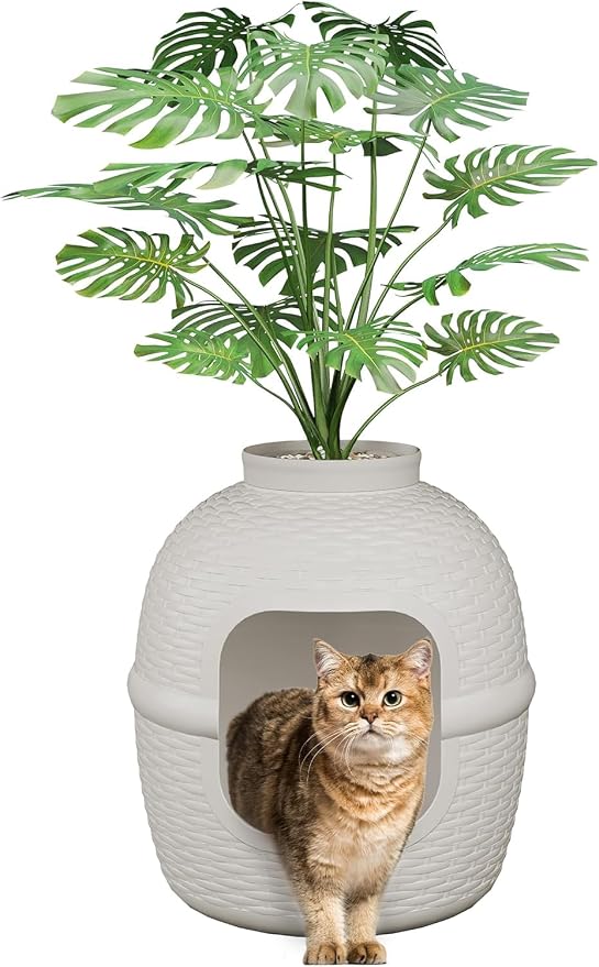 Wisteria Lane Cat Litter Box, Hidden Enclosure with Faux Plant & Rattan Pattern, Cat Bed & Litter Box 2-in-1, Heavy Duty PP Litter Box Enclosure for Living Room, Bedroom, Corner, Laundry Room, White