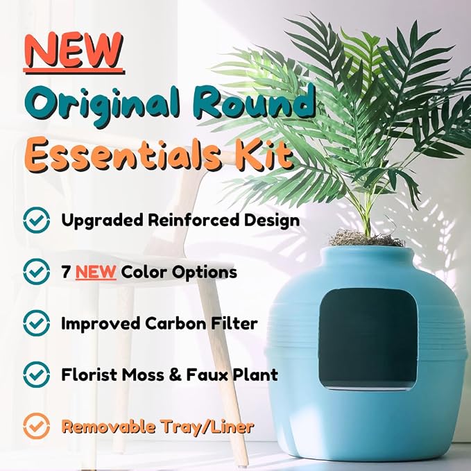 Good Pet Stuff Original Hidden Litter Box Planter, Decorative Cat Litter Enclosure with Carbon Filter, Artificial Palm Plant, Upgraded Design, Easy Clean Litter Tray, Essentials Kit, Caribbean Blue