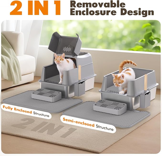 Rywell Stainless Steel Cat Litter Box with 180° Flip-Top Lid – Extra Large 40L Metal Kitty Pan, 3-in-1 Modes, High-Sided Odor Control & Anti-Splash Design for Large Cats & Multi-Cat Households