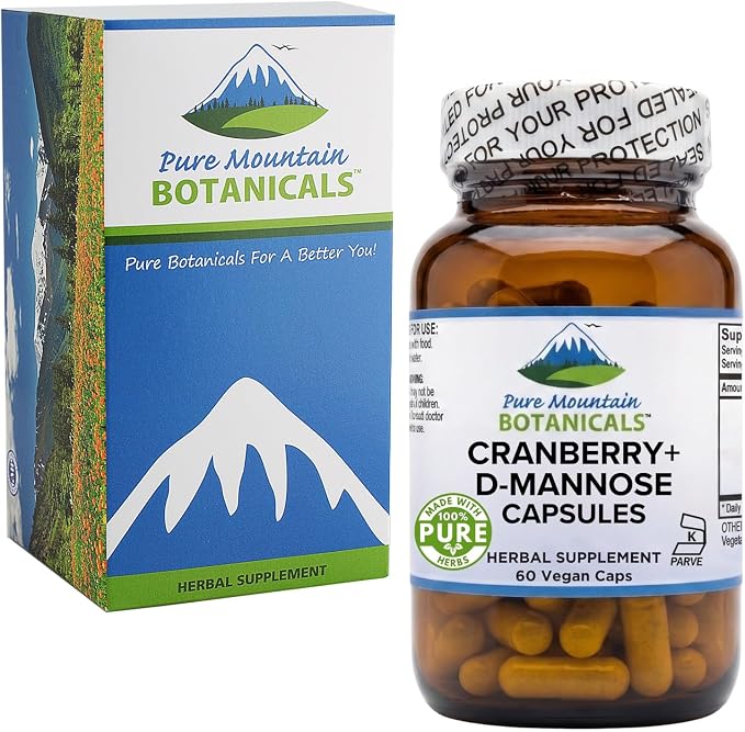 Pure Mountain Botanicals D Mannose with Cranberry Capsules - 60 Count Vegan Kosher - 1000mg D-Mannose for Urinary Tract Health - DMannose 1000mg with Vitamin C for Women and Men