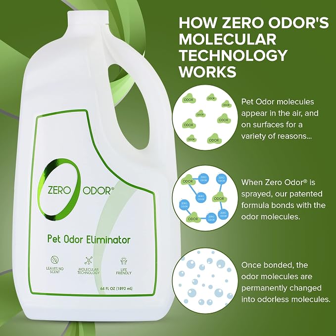 Zero Odor - Pet Odor Eliminator Bundle- Eliminate Air & Surface Odors – Patented Molecular Technology Best for Carpet, Furniture, Pet Beds - Smell Great Again, 16oz & 64oz Refill