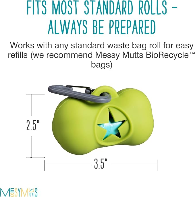 Messy Mutts Green Silicone Dog Poop Bag Dispenser with 240 Unscented Advanced BioRecycle™ Waste Bags & 16 Starter Bags | Easy Care Refill Rolls for Pet Cleanup