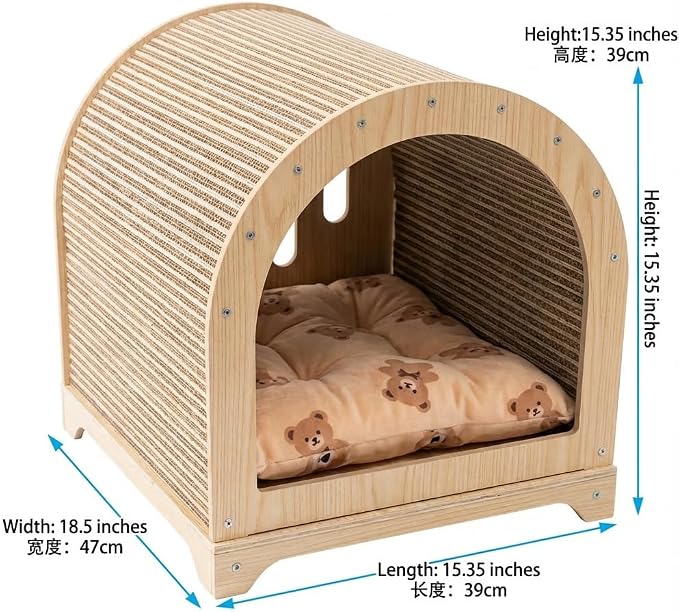 Modern Cat House for Indoor Cats, 2-in-1 Cat Scratcher Lounge with Cozy Cushion, Wooden Furniture Style Cat Condo Bed for Cats & Kittens