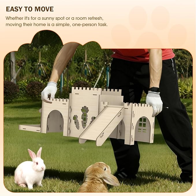 Large Bunny House and Hideouts, Wooden Dual-Layer Rabbit Castle with Stair, Rubber Band-Free Setup - Chew-Proof, Sturdy Habitat for Guinea Pig Chinchilla Ferret