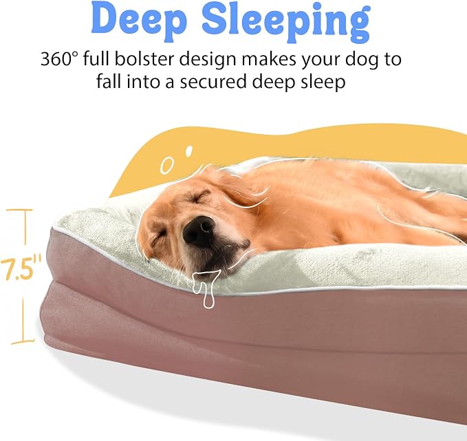 Chez Paw XXL Orthopedic Dog Bed for Extra Large Dogs, Extra Thick Egg-Crate Foam Waterproof Pet Couch with Removable Washable Cover, 4-Sided Bolster & Non-Slip Bottom, Pink 45"x35"x7.5"