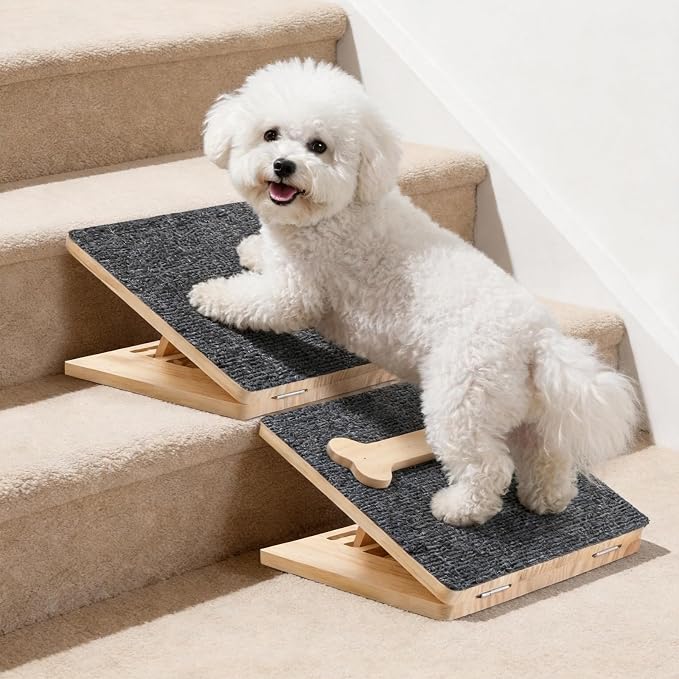 Dog Ramp for Stairs 2 Pack – Foldable Anti-Slip Wooden Pet Steps for Small Dogs, Adjustable Low-Angle Wedge Stair Ramp for Senior, Short-Legged & Injured Pets