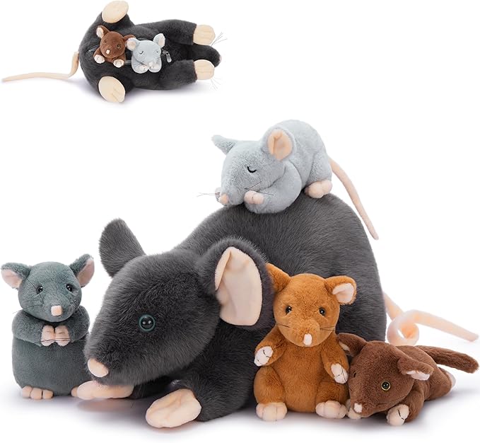 Tezituor 5Pcs Rat Stuffed Animal Set, 24 Inches Large Stuffed Mommy Rat with 4 Baby Rats Inside, Realistic Mouse Family Plush Toy for Kids Christmas Halloween Decoration