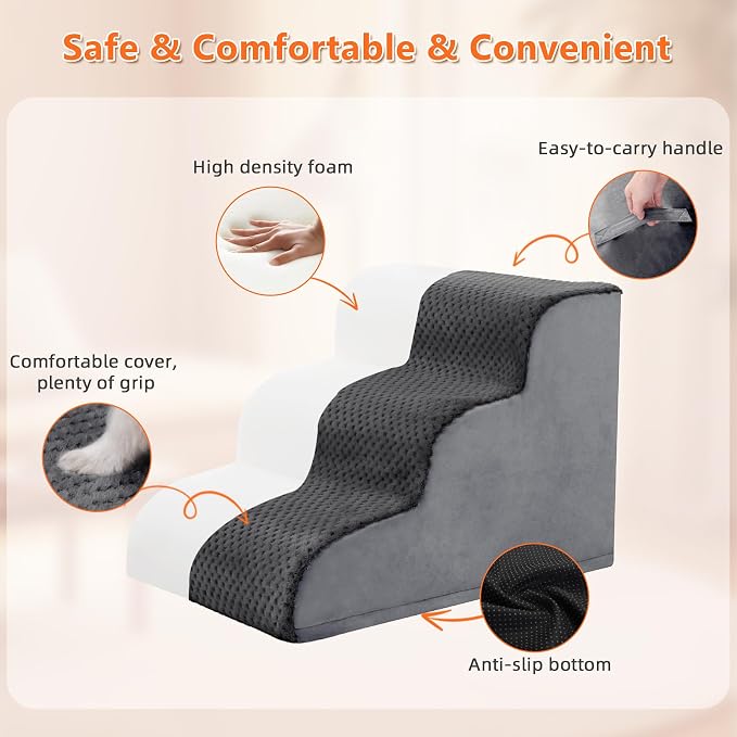 Dog Stairs Ramp, Curved 3-Step Dog Steps for Small Dogs and Cats, Pet Stairs for High Beds and Couch with Anti-Slip Washable Cover and Durable High Density Foam, Dark Grey