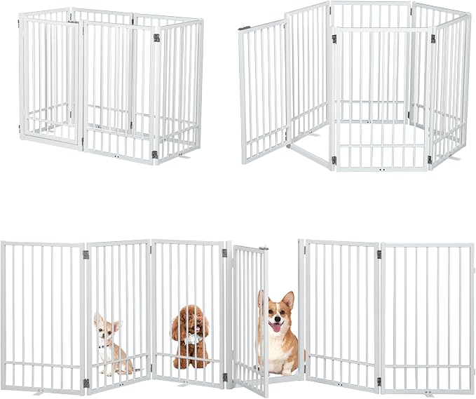 SMONTER Freestanding Dog Gate with Door Walk Through, 120'' Extra Wide Indoor Dog Fence, 31.5'' H 6 Panels Foldable Metal Pet Puppy Gate for Stairs, Hallways, Doorway, White