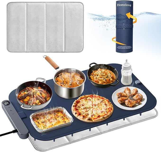 Homelove Warming Mat for Food - Electric Warming Tray with 6-Level Temperature and Hours Setting, Full Surface Graphene Heating, Waterproof Dishwasher-Friendly Food Warmer for Parties, Kitchen (Blue)