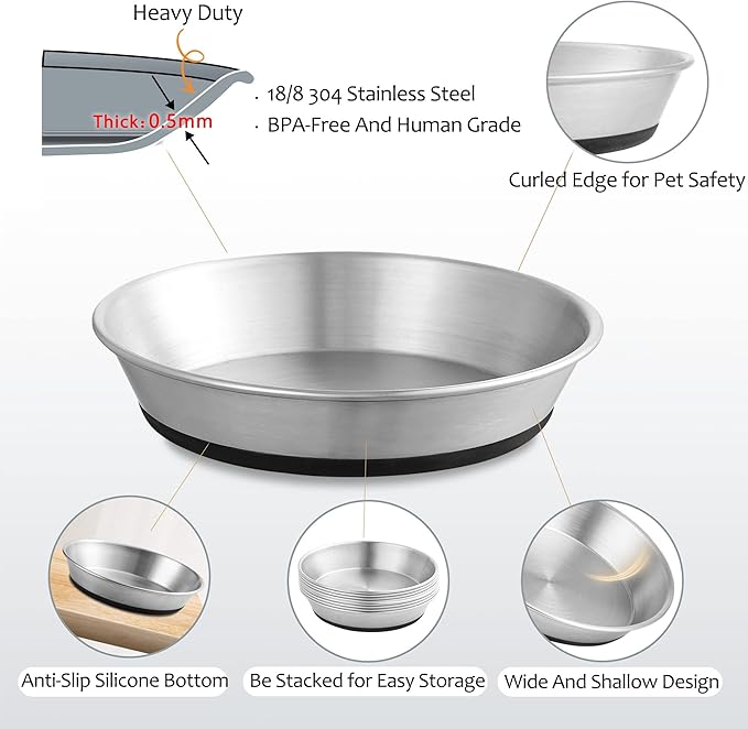 WROSWT Stainless Steel Cat Bowls,Whisker Friendly Shallow Cat Dishes for Food and Water,Non-Slip Silicone Bottom,Heavy Duty,Replacement Kitten Metal Plate for Elevated Stands,6 Pack