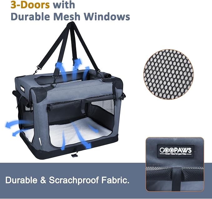 JESPET Soft Dog Crates Kennel for Pets, 3 Door Soft Sided Folding Travel Pet Carrier with Straps and Fleece Mat for Dogs, Cats, Shale Green, 36'' (2-Grey, X-Large(36" L x 24" W x 27" H))