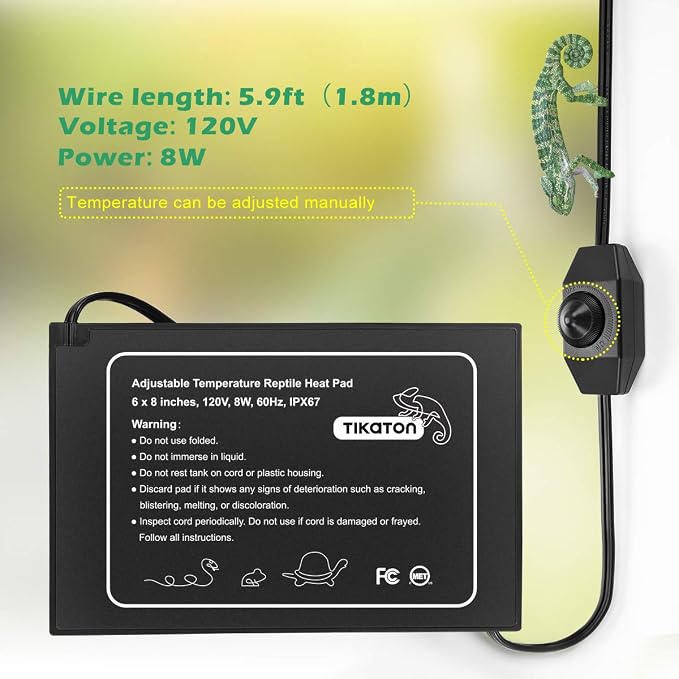 Tikaton Reptile Heat Pad - Adjustable Temperature Under Tank Heater for 10-20gal/30-40gal Tank, Terrarium Heat Mat for Turtle/Snake/Lizard/Frog/Spider/Plant Box (2 Pack-6" X 8")