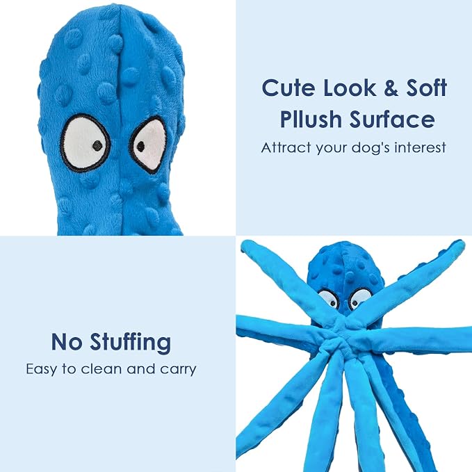 8 Pack Squeaky Octopus Plush Dog Toys for Aggressive Chewers, No Stuffing, Crinkle, Durable Interactive, 4 Colors