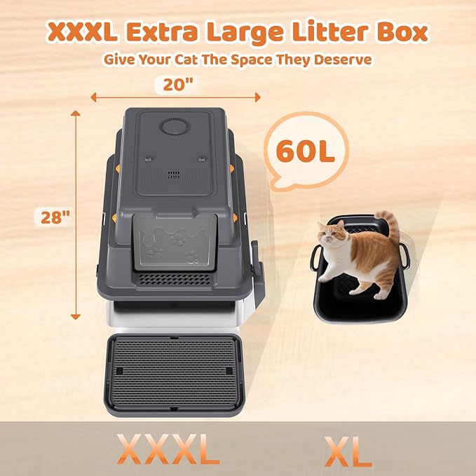 Homegroove XXXL Stainless Steel Litter Box with Lid, 28''x20''x18'' Extra Large Cat Litter Box with Litter Scoop & Pedal, Enclosed Metal Cat Litter Pan for Large & Multi-Cats, Anti-Leakage (Grey)