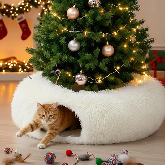 Thyle Christmas Cat Tunnel Bed Under Christmas Tree for Indoor Cats Xmas Pet Donut Tunnel with Cushion Foldable Round Pet Toy for Small Animals Kitten(3ft X 3ft X 9.8in,White,Plush)