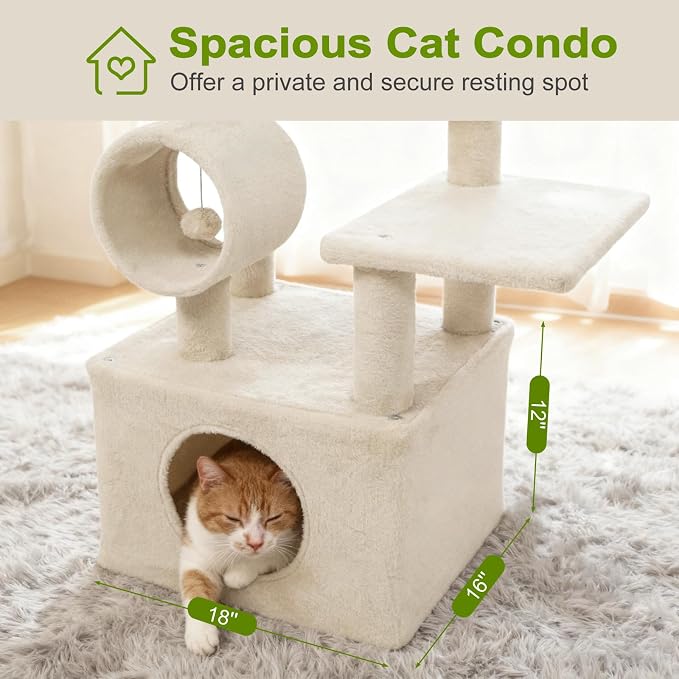 Tangkula Cat Tree Tower, 48 Inch Multi-Level Cat Tower with Large Condo, Sisal Scratching Post, Padded Top Perch, Tunnel, Hanging Ball, 3 Jumping Platforms for Indoor Cats (Beige)