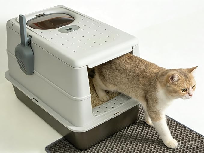 Enclosed Stainless Steel Cat Litter Boxs 21" L x12.2 W x 16.5" H with Litter Mat & Scoop.