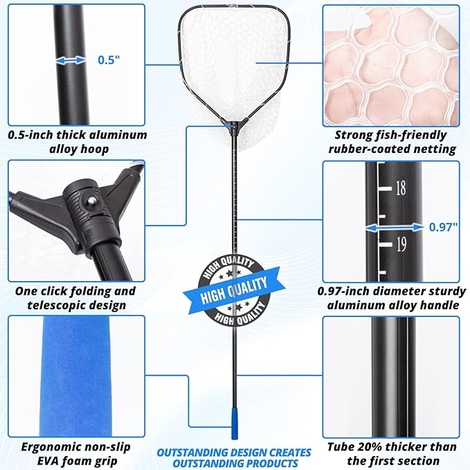 Long Collapsible Landing Net, Large Fishing Net with Telescoping Handle, Foldable, Extendable, Lightweight & Strong, Fish Net with Fish-Friendly Mesh for a Safe Release