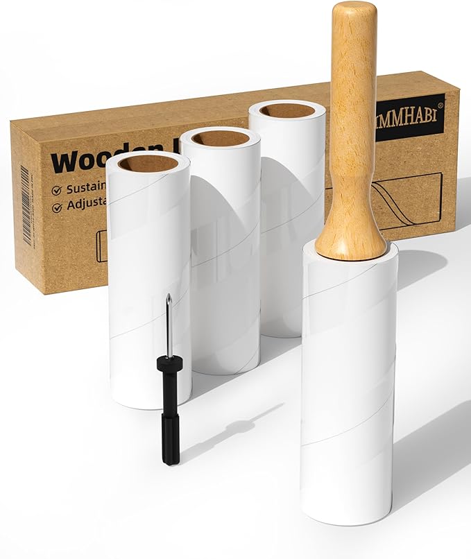 Diagonal Tear Lint Roller with Wooden Handle- 6.3 Inch Refills, 4 Rolls x 100 Sheets with Adjustable Tool | Pet Hair Remover for Furniture, Clothing | Ergonomic Grip, Durable Design