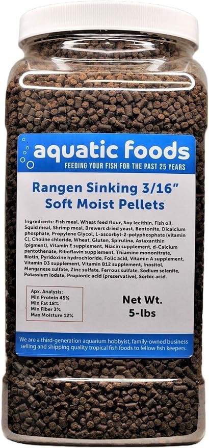 3/16" Soft Moist Sinking Salmon Pellets for Adult Axolotls, Shrimp, Snails, Crabs, Small Amphibians, Bottom Tropical Fish...5-lb Lg Jar