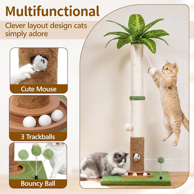 Cat Scratching Post Tall Vertical for Indoor Cats, 35" Palm Tree Leaves Sisal Pole for Large Cats Kittens, Heavy Duty Wooden Carpet Pole with Interactive Track Balls, Furniture Protection