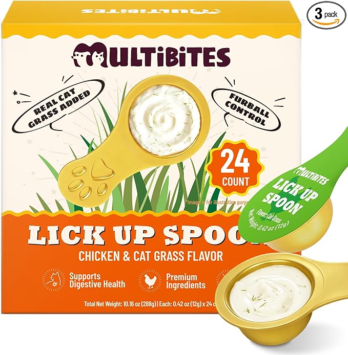 Lickable Cat Treats with Lick-Up Spoons, Healthy Wet Cat Snacks for Digestive Support, Grain-Free Kitten Treats with Taurine & Vitamins, Cat Grass & Pumpkin Variety Pack (32 Spoons) (Cat Grass)