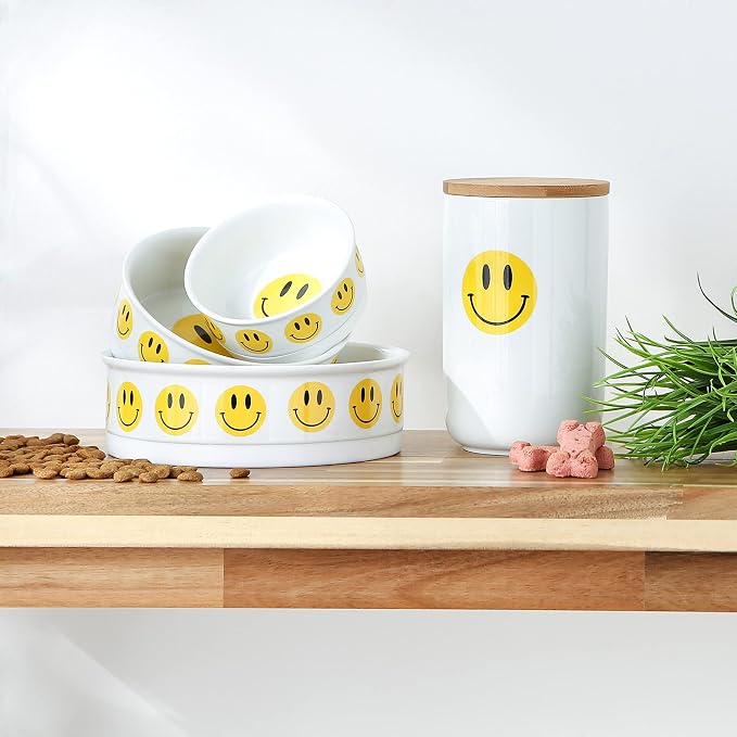 Bone Dry Ceramic Food Bowls, Non-Slip & Dishwasher Safe, Medium Set, 6x2, Smiley Face, 2 Count
