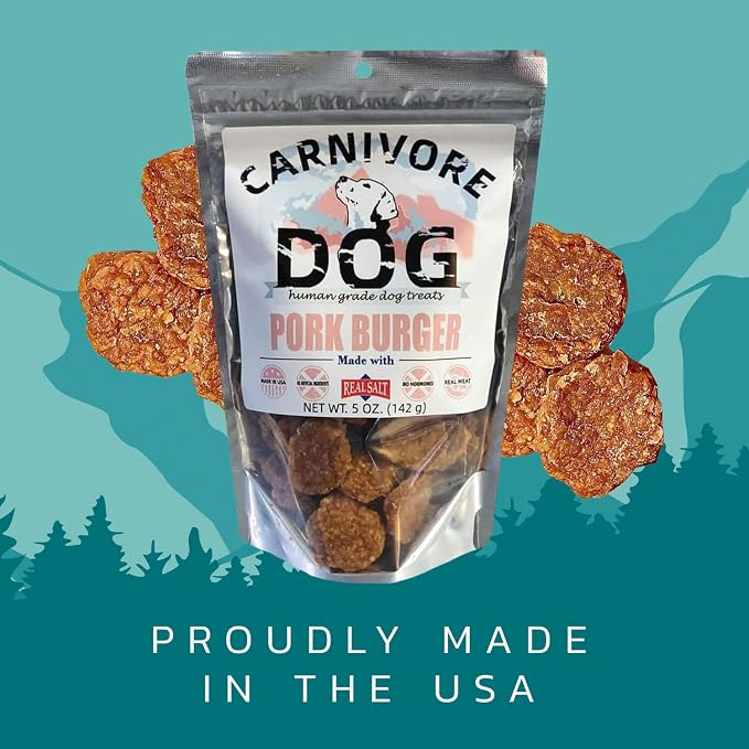 Carnivore Dog Treats, Human Grade, Hormone Free, Real Meat Made with Redmond Real Salt, No Additives - Healthy, Training Snacks or Treats for All Breeds, Pork Burger, Pack of 3