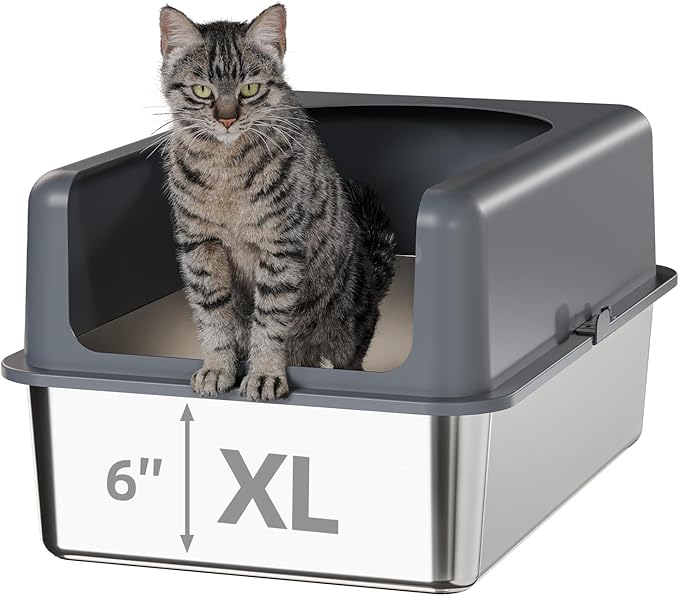 Booche High-Sided Stainless Steel Cat Litter Box,Stainless Steel Litter Box with Lid,Extra Large,Easy-to-Clean Metal Litter Pan for Cats (24''L X 16''W X 12''H with Enclosure)