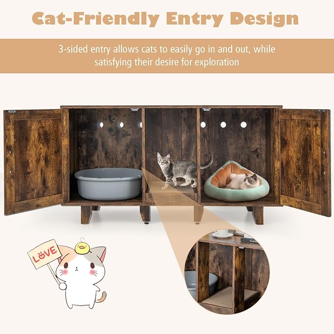 Tangkula Patented Double Cat Litter Box Enclosure for 2 Cats, Large Stackable Hidden Privacy Cat Washroom Cabinet with Scratching Board, Indoor Cat House TV Stand, Litter Box Furniture (Rustic Brown)
