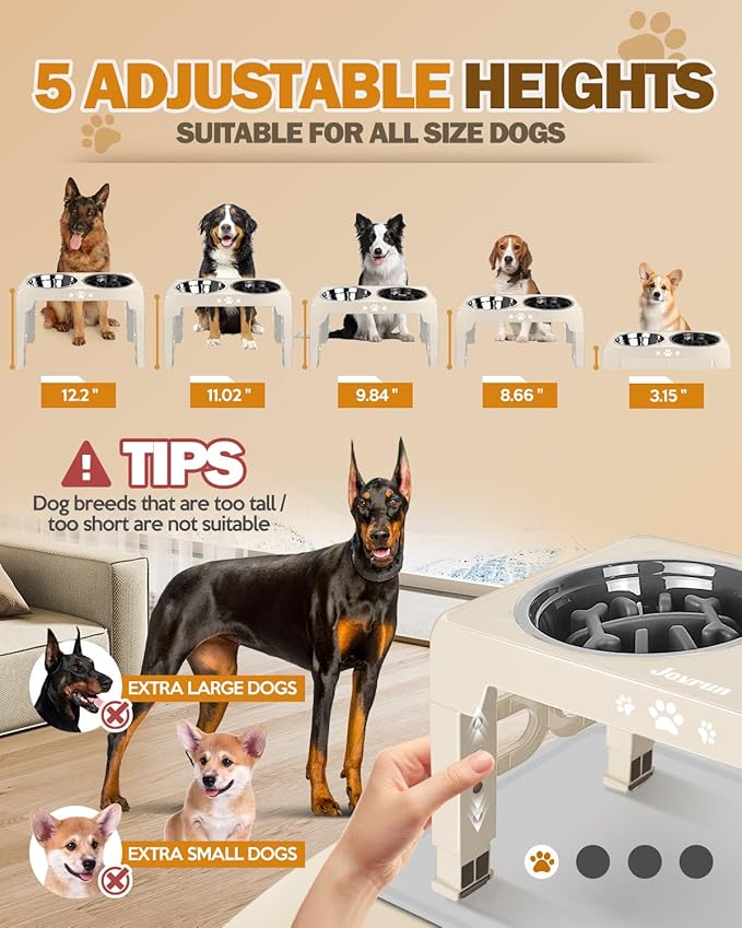 Jovrun Elevated Dog Bowls for Medium Large Dogs with Mat, Non-Slip Dog Feeder with 1*Stainless Steel Dishes & 1*Slow Feeder Bowl, 5 Heights Adjustable Raised Bowls for 3.15″-8.66″-9.84″-11.02″-12.2″