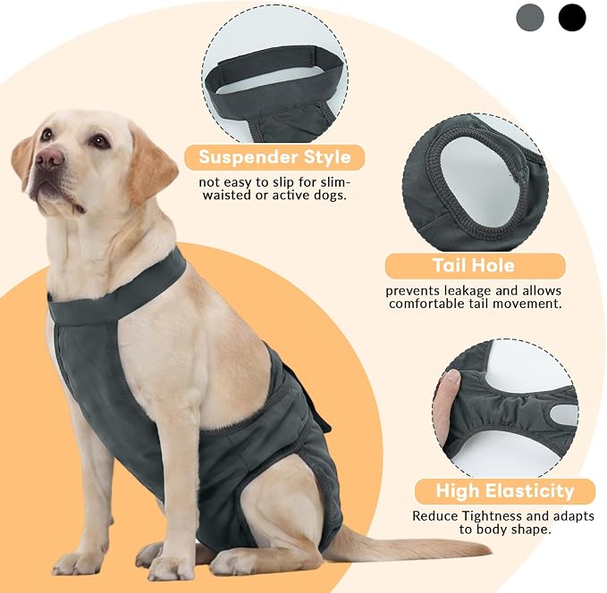 IDOMIK Reusable Female Dog Diapers, Washable Dog Period Diapers with Adjustable Suspenders, Leakproof Escape-Proof Sanitary Panties for Dogs in Heat Cycle, Incontinence, or Senior Dogs,Grey,L