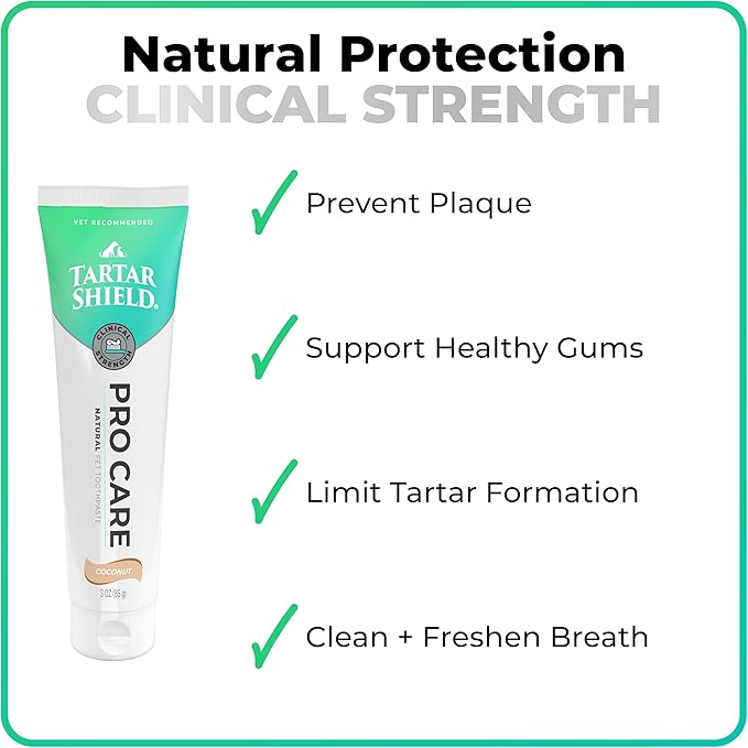 Tartar Shield® Pro Care Natural Coconut Dental Kit for Dogs & Cats, VOHC Accepted, Toothpaste with Toothbrush & Finger Brush, Clinically Proven Plaque, Tartar & Halitosis Reduction, 3 oz.