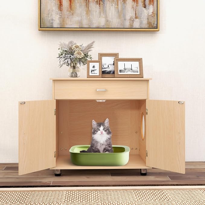 PETSITE Cat Litter Box Enclosure, Hidden Litter Box Furniture with Drawer and Adjustable Metal Feet, Wooden Pet House Side End Table, Indoor Litter Box Cabinet with Sisal Scratching Board Doors