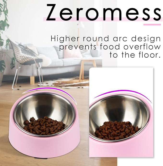 SuperDesign Mess Free 15° Slanted Bowl for Dogs and Cats, Tilted Angle Bulldog Bowl Dog Feeder, Non-Skid & Non-Spill, Easier to Reach Food L/2 Cup Pink