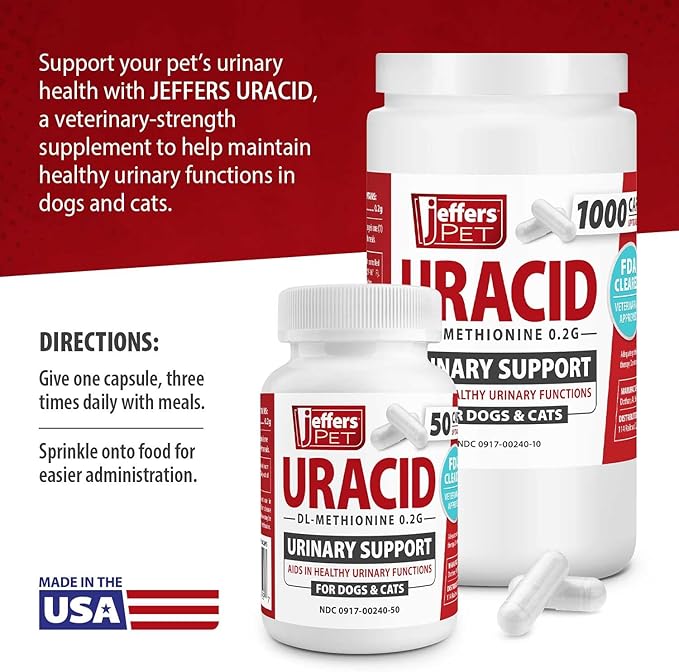 Jeffers Pet Uracid DL-Methionine Capsules for Dogs & Cats, Urinary pH Acidifier for Crystals, Bladder Stones, Urinary Tract Support, Fast Acting Urinary Health Supplement, Made in USA - 50 Capsule
