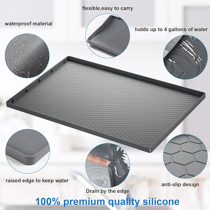 Under Sink Mat - 25" x 19" Waterproof Kitchen Cabinet Mat - Flexible Silicone Under Sink Liner - Kitchen Bathroom Cabinet Mat and Protector for Drips Leaks Spills (Gray)