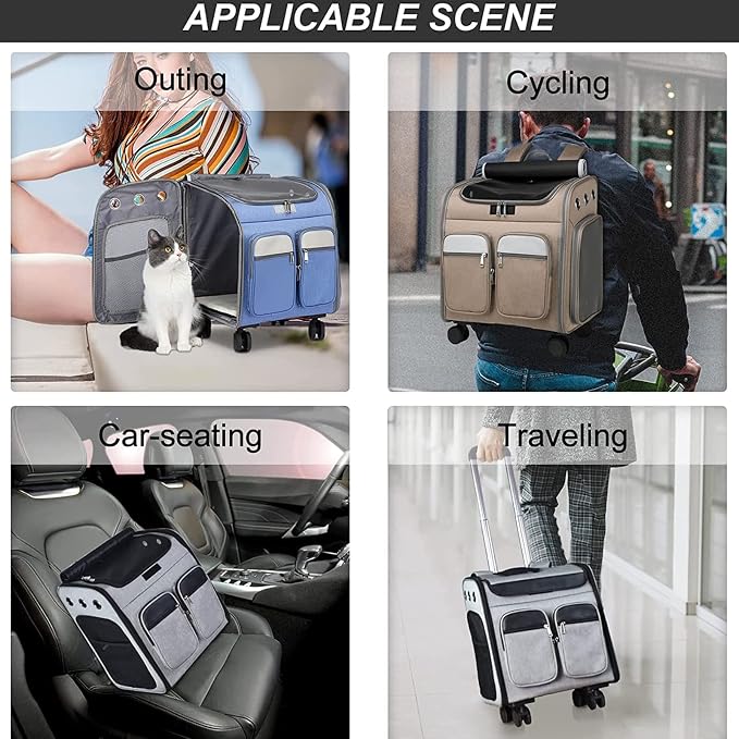 Wheeled Pet Carrier Backpack Pet Stroller,Travel Carrier with Detachable Wheels for Small Dogs Cats Puppies Up to 17 Lbs, Folding Puppy Carrier,Mesh Ventilation Windows, Storage Pockets
