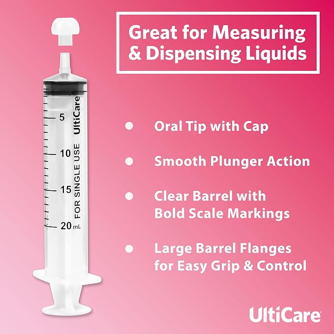 UltiCare 20mL (4 TSP) Oral Syringe – Uses Include Oral Administration of Medicine for Infants. Oral Tip with Cap, Sterile Individually Wrapped, 30 Count