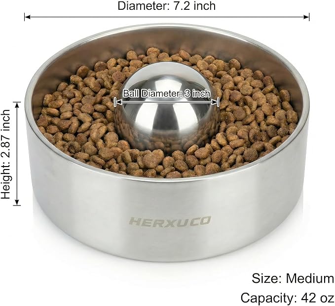 Stainless Steel Dog Slow Feeder Set – 2-in-1 Pet Bowl 42oz & Slow Feeder Ball 3in – Spherical Design Slows Eating & Use Separately or Together (Medium)