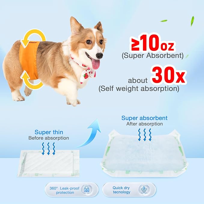 Dog Diaper Liners 100ct Super Absorption Disposable Dog Diaper Booster Pads Leak-Proof for Female and Male Fit Most Reusable Pet Belly Bands, Wraps and Period Diapers(Regular, S-100ct)