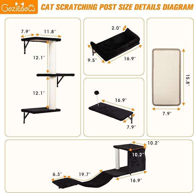 COZIWOW 5-Piece Cat Tree Set with Wall Mounted Cat Shelves, Cat Scratching Post & Cat Wall Furniture, Multi-Functional Indoor Cat Jungle Gym, Essential for Cat Room, Suitable for Large Cats (Black)